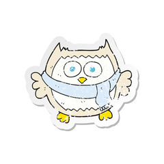 retro distressed sticker of a cartoon owl wearing scarf
