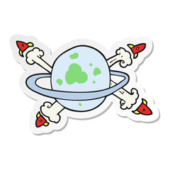 sticker of a cartoon rockets leaving a planet