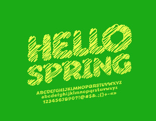 Vector trendy banner Hello Summer with hand drawn Alphabet Letters. Bright yellow Font.