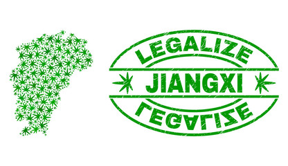 Vector marijuana Jiangxi Province map collage and grunge textured Legalize stamp seal. Concept with green weed leaves. Concept for cannabis legalize campaign.