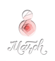 International Women's Day. Banner, flyer for March 8. Hand drawn lettering. Paper cut design. Congratulating and wishing happy holiday card for newsletter, brochures, postcards. Vector.
