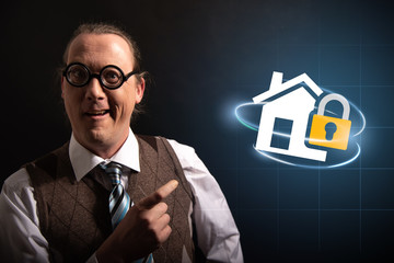 Funny nerd or geek looking to camera with home insurance icon having an idea