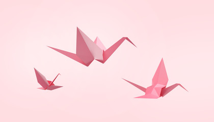 Folding birds Paper and peace on Pastel Pink Background - 3d rendering