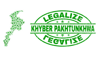 Vector cannabis Khyber Pakhtunkhwa Province map mosaic and grunge textured Legalize stamp seal. Concept with green weed leaves. Concept for cannabis legalize campaign.