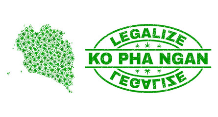 Vector cannabis Ko Pha Ngan map mosaic and grunge textured Legalize stamp seal. Concept with green weed leaves. Concept for cannabis legalize campaign.