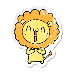 distressed sticker of a happy cartoon lion