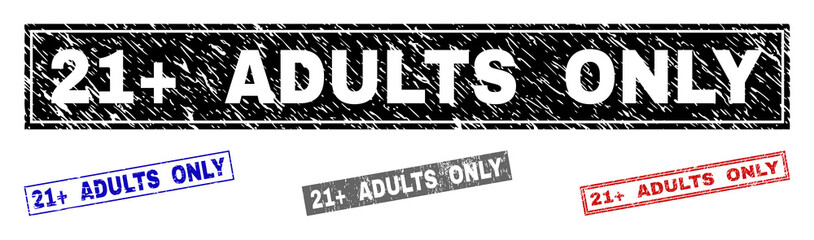 Grunge 21+ ADULTS ONLY rectangle stamp seals isolated on a white background. Rectangular seals with grunge texture in red, blue, black and grey colors.
