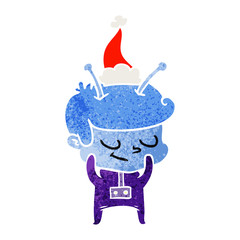 shy retro cartoon of a spaceman wearing santa hat