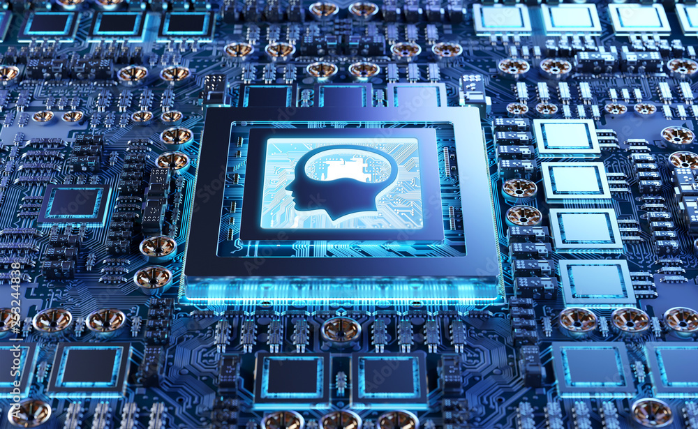Poster artificial intelligence in a modern gpu card 3d rendering