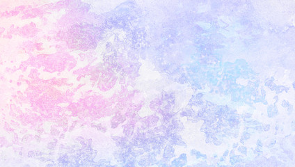 Frost textured pastel light blue, purple and pink shades watercolor background. Grunge aquarelle paint paper canvas for design, vintage card, template. Multicolor gradient handmade illustration