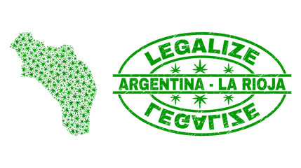 Vector cannabis La Rioja of Argentina map collage and grunge textured Legalize stamp seal. Concept with green weed leaves. Concept for cannabis legalize campaign.