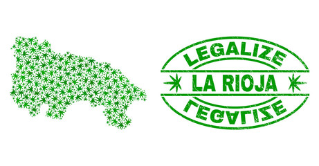 Vector cannabis La Rioja of Spain map mosaic and grunge textured Legalize stamp seal. Concept with green weed leaves. Concept for cannabis legalize campaign.