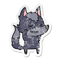 distressed sticker of a friendly cartoon wolf