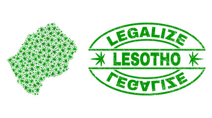 Vector cannabis Lesotho map mosaic and grunge textured Legalize stamp seal. Concept with green weed leaves. Concept for cannabis legalize campaign.