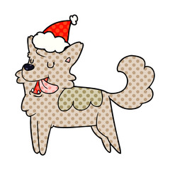 comic book style illustration of a happy dog wearing santa hat