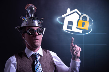 Funny nerd or geek with aluminium hat pointing with finger to home insurance icon having an idea