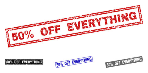 Grunge 50% OFF EVERYTHING rectangle stamp seals isolated on a white background. Rectangular seals with grunge texture in red, blue, black and gray colors.