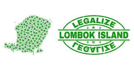 Vector cannabis Lombok Island map mosaic and grunge textured Legalize stamp seal. Concept with green weed leaves. Concept for cannabis legalize campaign.