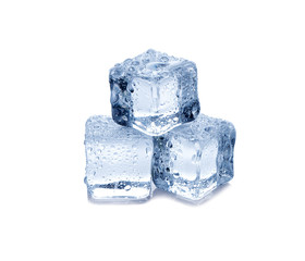 Three ice cubes on white background