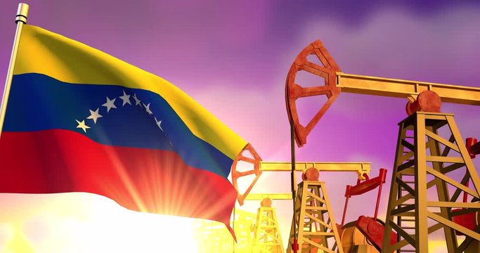 Venezuela flag waving on background of oil wells pumping oil on sunset. Oil industry concept, 4K 3d animation