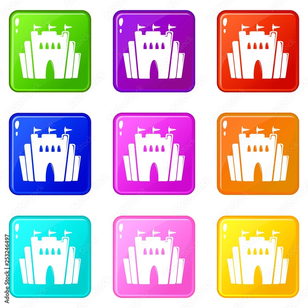 Poster fortress icons set 9 color collection isolated on white for any design