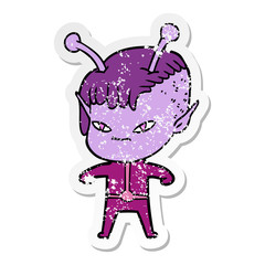 distressed sticker of a cute cartoon alien girl