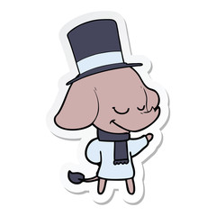 sticker of a cartoon smiling elephant wearing top hat