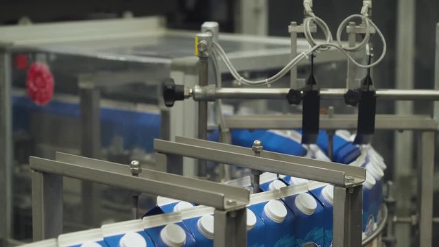 Dairy products, paper bags of milk are transported on a conveyor.