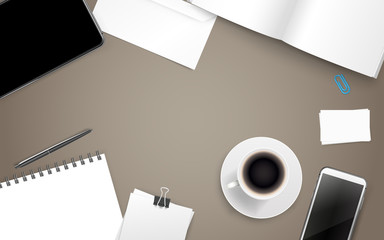 Office supplies. Different business stuff on a wood table. Template for a text