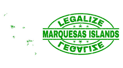 Vector cannabis Marquesas Islands map collage and grunge textured Legalize stamp seal. Concept with green weed leaves. Concept for cannabis legalize campaign.