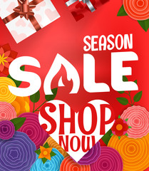 Season sale offer. Shopping banner template with gift boxes and abstract flowers. Shop now concept