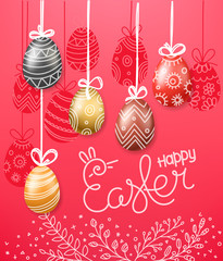 Easter greeting card. Easter eggs 3d and in doodle style. Holiday vector pink banner