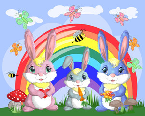 A family of three bunnies in the meadow near the rainbow. Mom, dad, baby. Spring, postcard