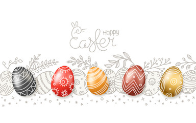 Happy Easter greeting card. Easter eggs 3d and in doodle style. Hand drawn vector banner