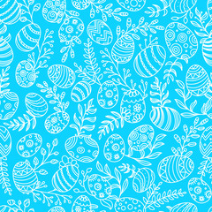 Easter seamless pattern with eggs and spring flowers. Seamless vector pattern