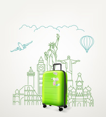 Around the world concept with green travel bag. Vector illustration with bag travel © tovovan