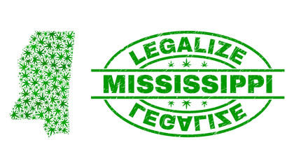 Vector marijuana Mississippi State map collage and grunge textured Legalize stamp seal. Concept with green weed leaves. Concept for cannabis legalize campaign.