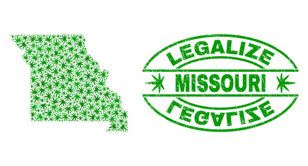 Vector cannabis Missouri State map collage and grunge textured Legalize stamp seal. Concept with green weed leaves. Template for cannabis legalize campaign.