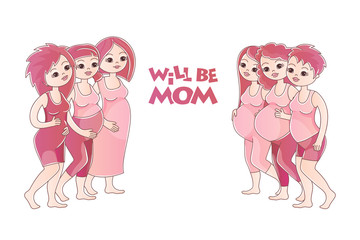 Pregnant girls. Vector illustration in cartoon style on a white background. Postcard, poster, poster for pregnant women