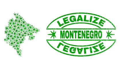 Vector cannabis Montenegro map collage and grunge textured Legalize stamp seal. Concept with green weed leaves. Concept for cannabis legalize campaign.