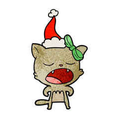 textured cartoon of a cat meowing wearing santa hat