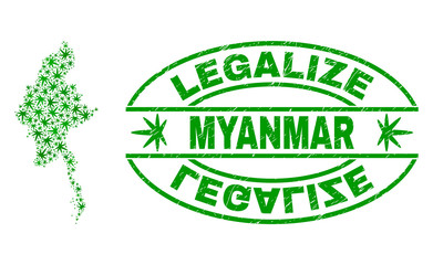 Vector cannabis Myanmar map collage and grunge textured Legalize stamp seal. Concept with green weed leaves. Concept for cannabis legalize campaign. Vector Myanmar map is organized of cannabis leaves.