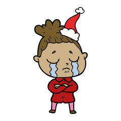line drawing of a crying woman wearing santa hat
