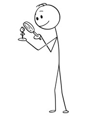 Cartoon stick figure drawing conceptual illustration of man or businessman with small character standing on his hand and watching him with magnifying glass.