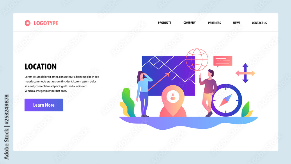 Poster vector web site design template. navigation, location and pin place. landing page concepts for websi