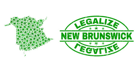 Vector cannabis New Brunswick Province map mosaic and grunge textured Legalize stamp seal. Concept with green weed leaves. Concept for cannabis legalize campaign.