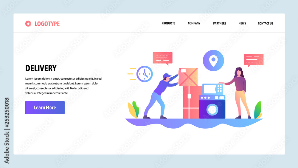 Poster vector web site design template. delivery and shopping online. courier deliver packages to door. lan