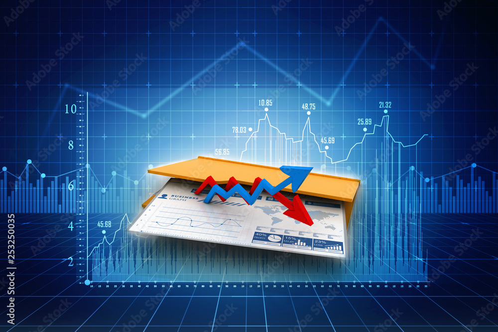 Poster 3d rendering Folder icon with paper sheet and 3D Graph
