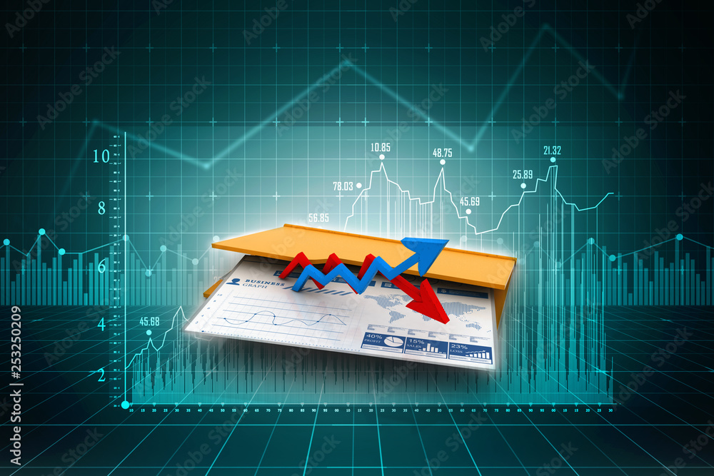 Poster 3d rendering Folder icon with paper sheet and 3D Graph
