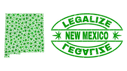 Vector cannabis New Mexico State map collage and grunge textured Legalize stamp seal. Concept with green weed leaves. Template for cannabis legalize campaign.